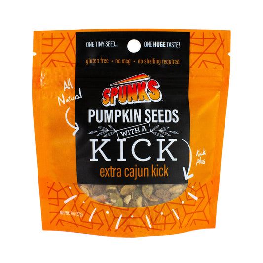 Orange bag with black label that says "SPUNKS PUMPKIN SEEDS WITH A KICK extra cajun kick
