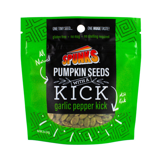 Green bag with black label that says "SPUNKS PUMPKIN SEEDS WITH A KICK garlic pepper kick