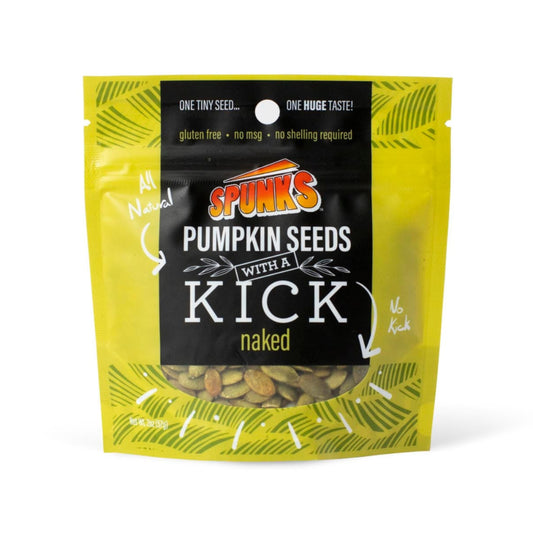 Light yellow-green bag with black label that says "SPUNKS PUMPKIN SEEDS WITH A KICK naked