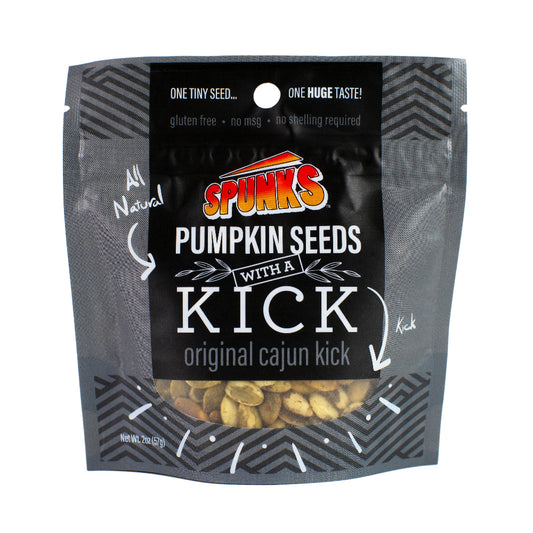 Gray bag with black label that says "SPUNKS PUMPKIN SEEDS WITH A KICK original cajun kick