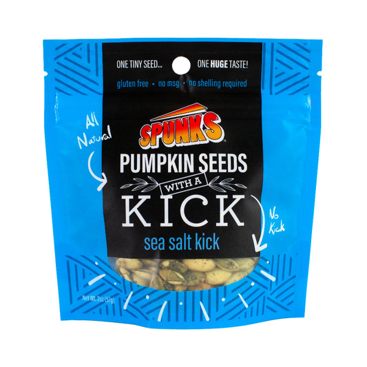 Blue bag with black label that says "SPUNKS PUMPKIN SEEDS WITH A KICK garlic pepper kick