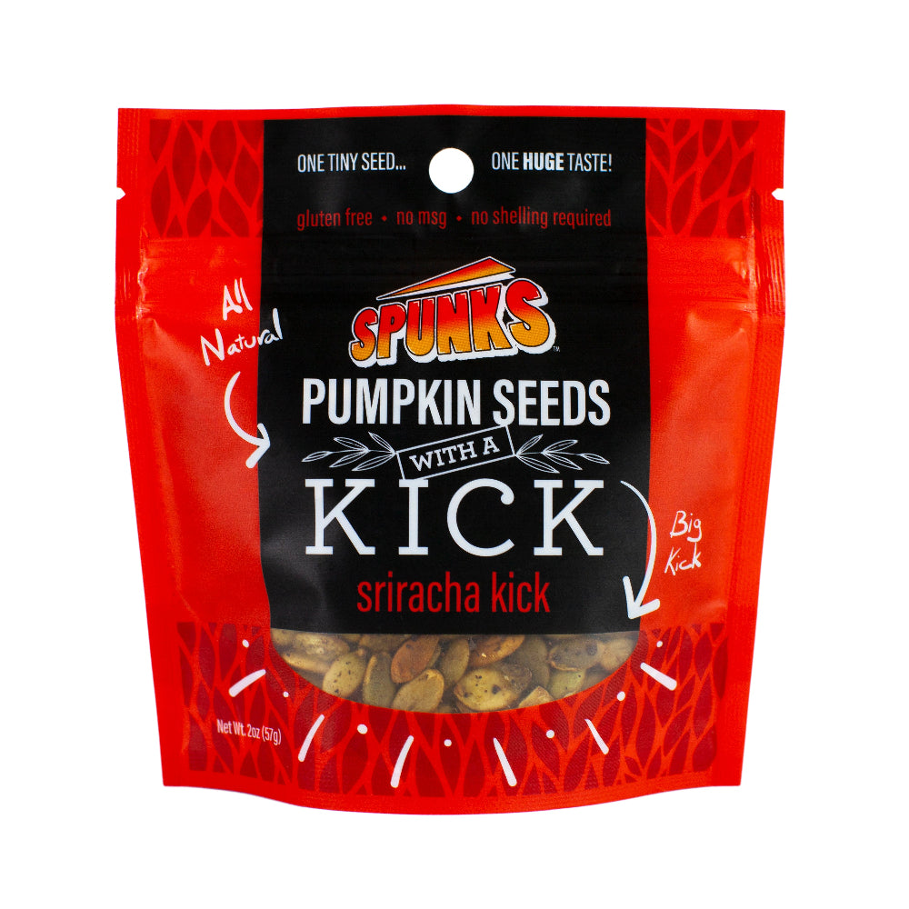 Red bag with black label that says "SPUNKS PUMPKIN SEEDS WITH A KICK sriracha kick