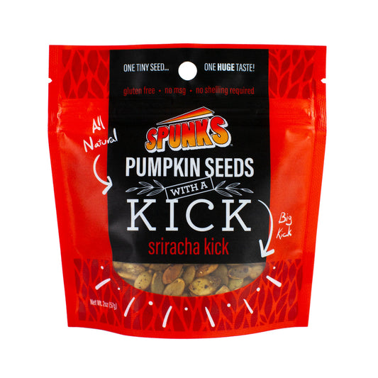 Red bag with black label that says "SPUNKS PUMPKIN SEEDS WITH A KICK sriracha kick
