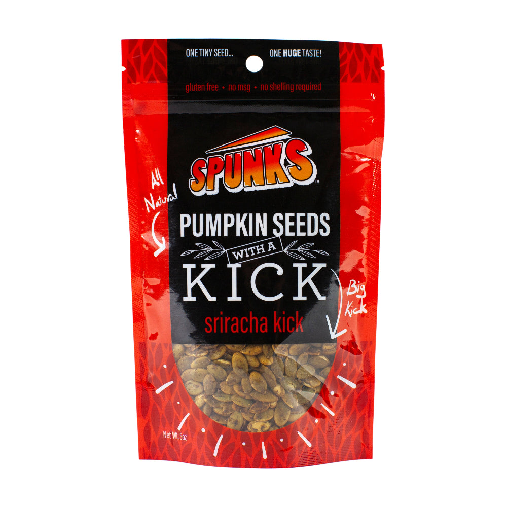 Red bag with black label that says "SPUNKS PUMPKIN SEEDS WITH A KICK sriracha kick